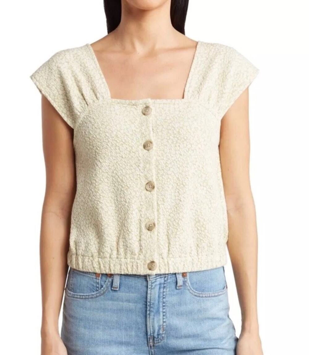 Madewell Womens Floral Jacquard Button-Front Square Neck Top Boho Green XXS